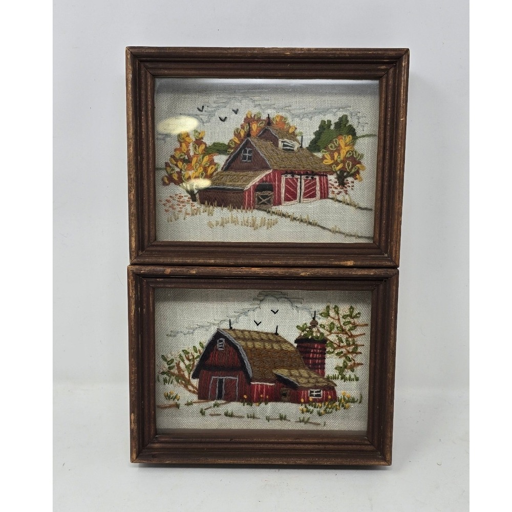 Vtg 70s wood framed shadowbox crewel wall decor cottagecore farmhouse set of 2